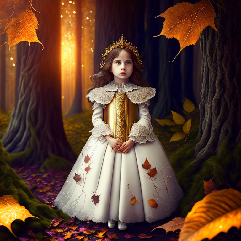 Young girl in white and gold dress in enchanted autumn forest