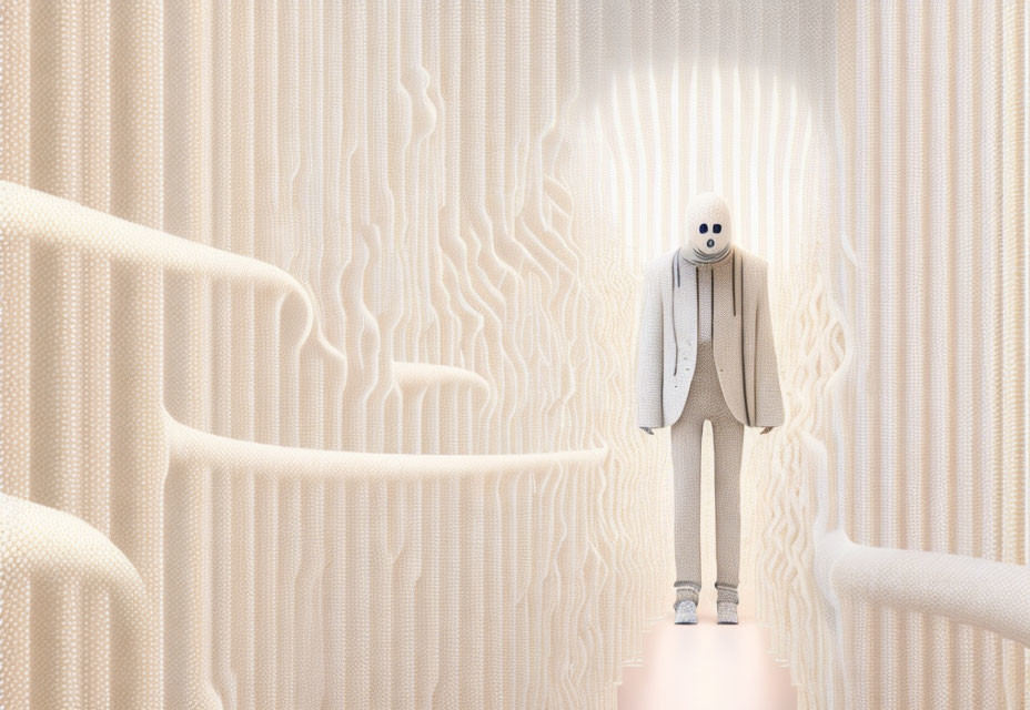 Surreal grey-suited figure in textured white corridor