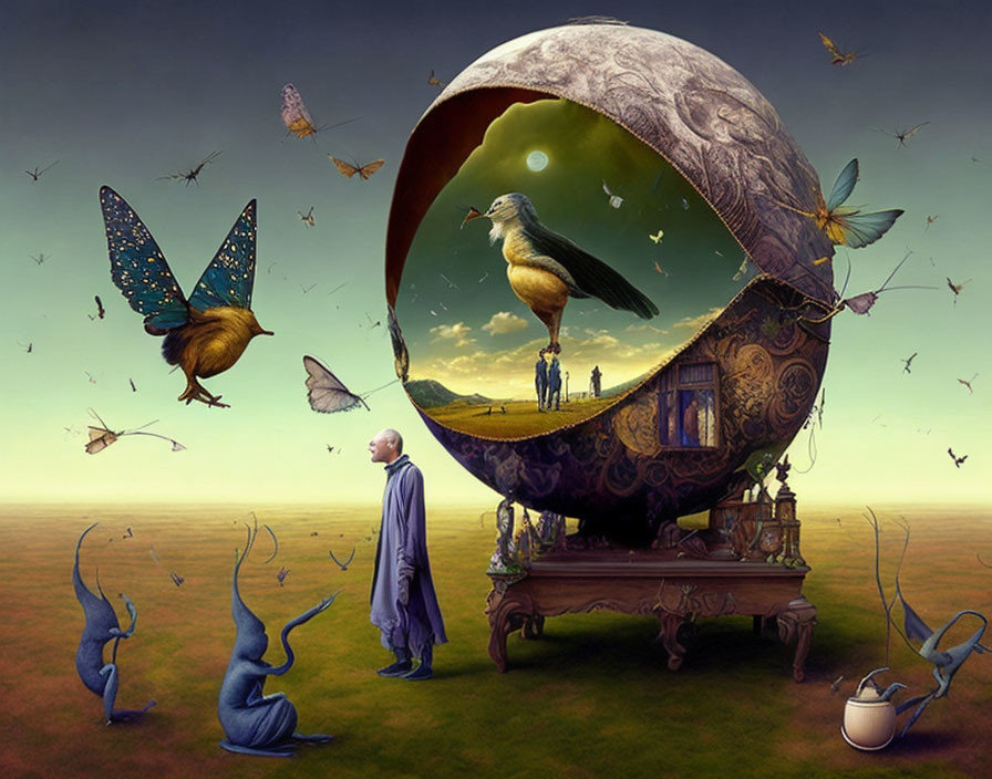 Surreal art: Bald man, giant egg, bird elements, people, butterflies on ornate