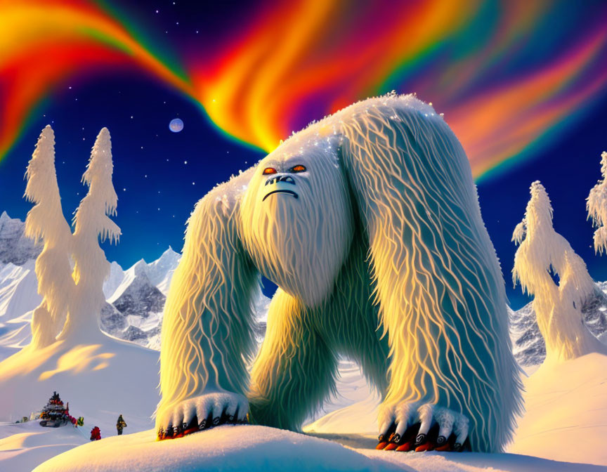 White Yeti-Like Creature in Snowy Landscape with Aurora Sky