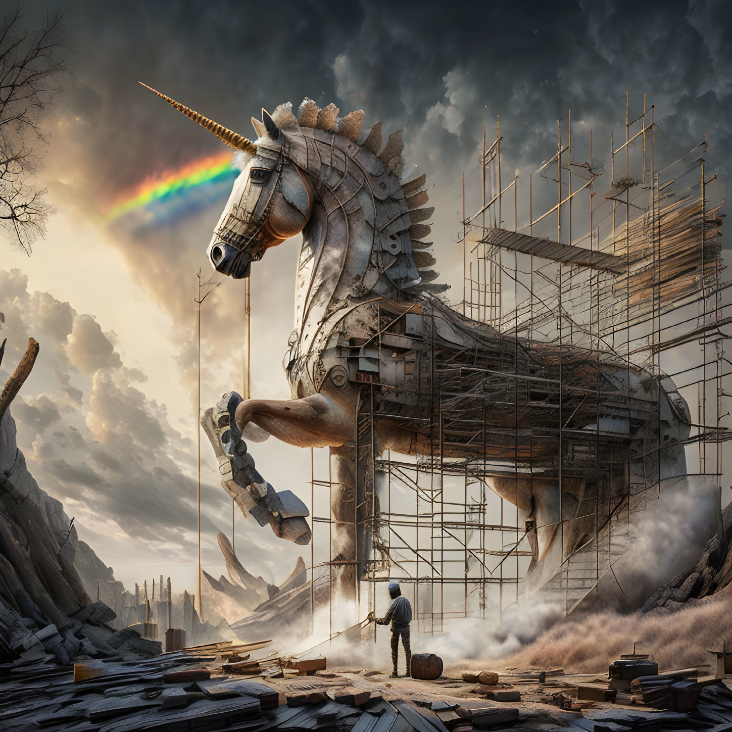 Person observing giant mechanical unicorn under construction in dramatic landscape