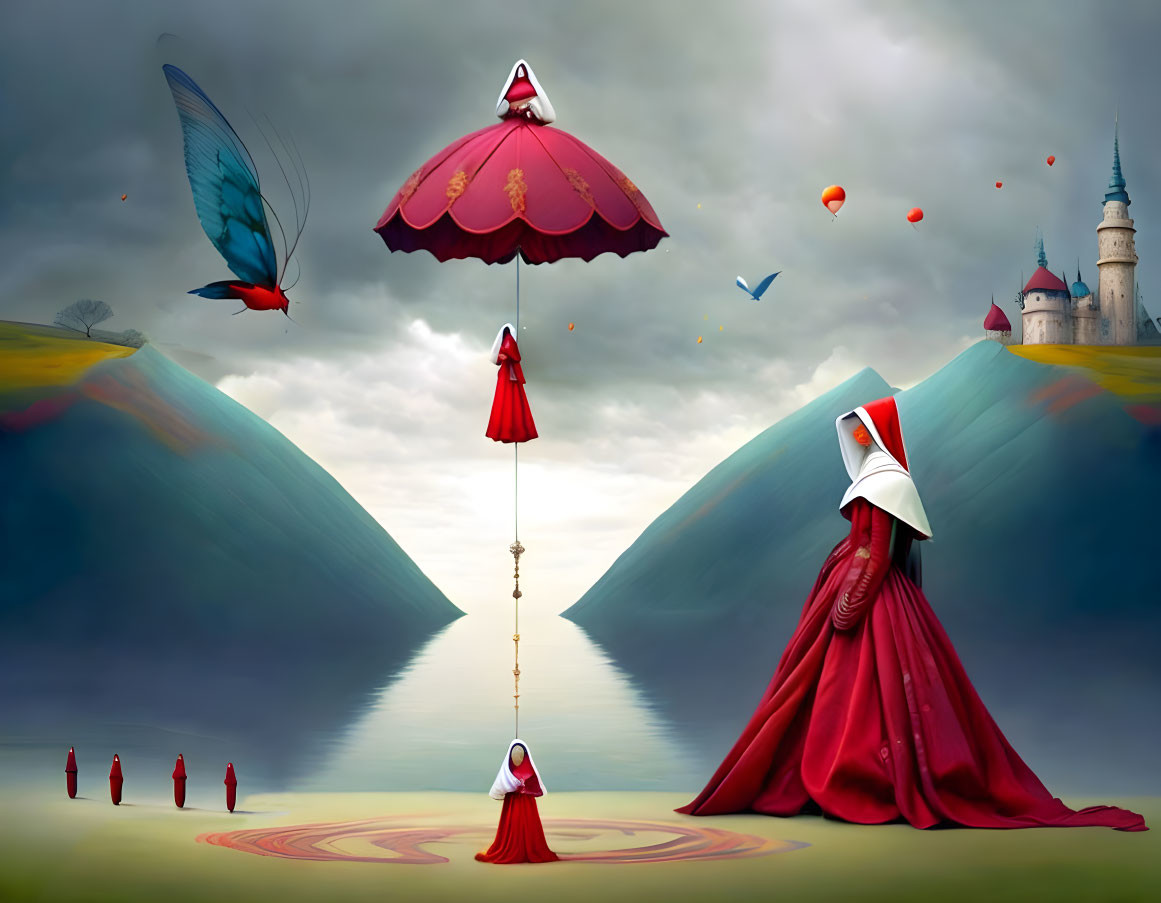 Surreal landscape with red cloaks, floating umbrellas, butterfly, castle, hills, and