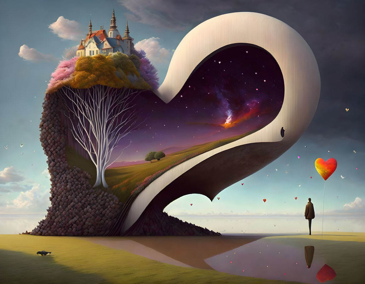 Surreal heart-shaped landscape with castle, figure, dog, and red hearts