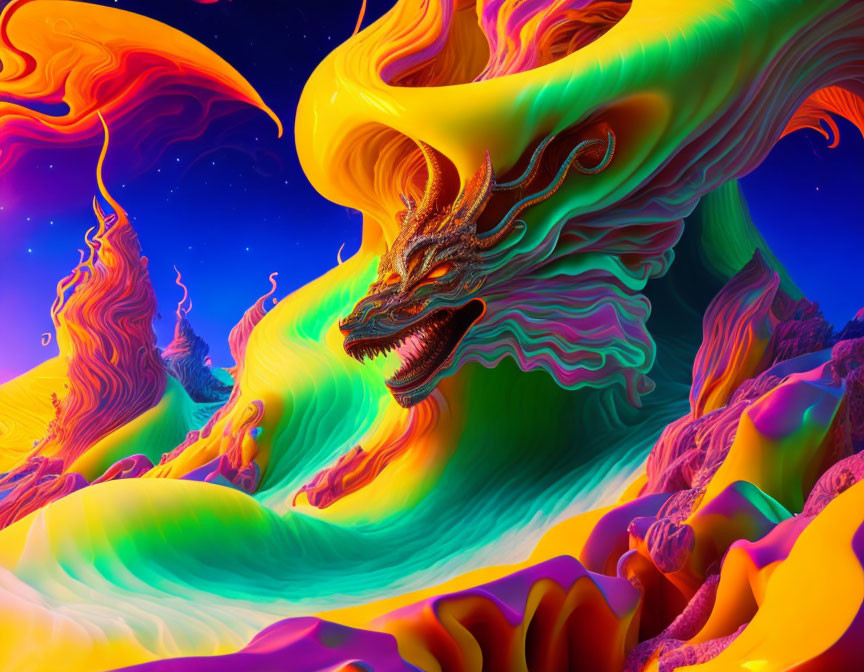 Colorful Dragon Emerges in Surreal Landscape