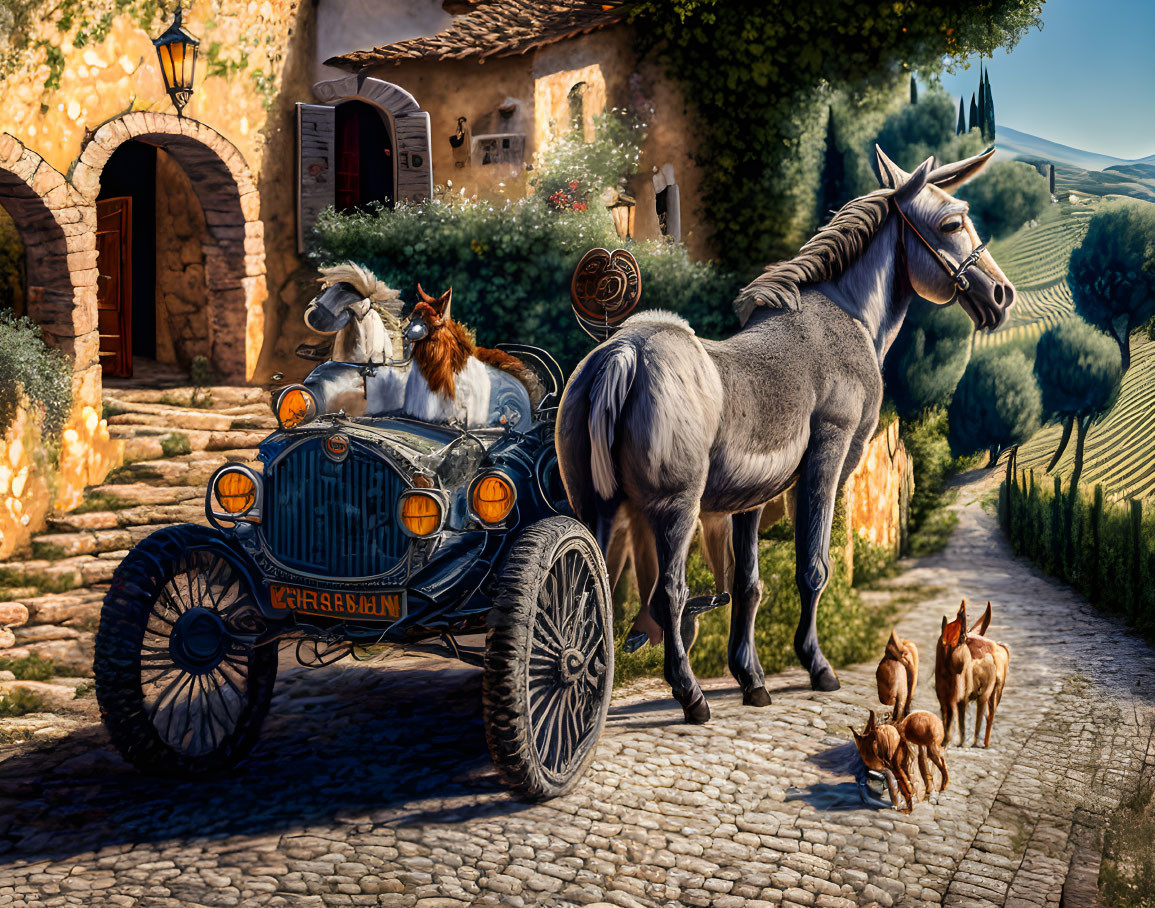 Vintage car, horse, dog, cats on cobblestone street in quaint village.