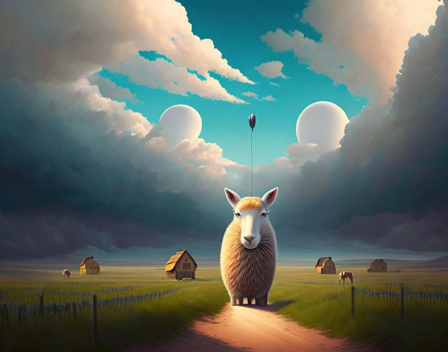 Surreal kangaroo with sheep's wool in countryside setting with twin moons and red balloon