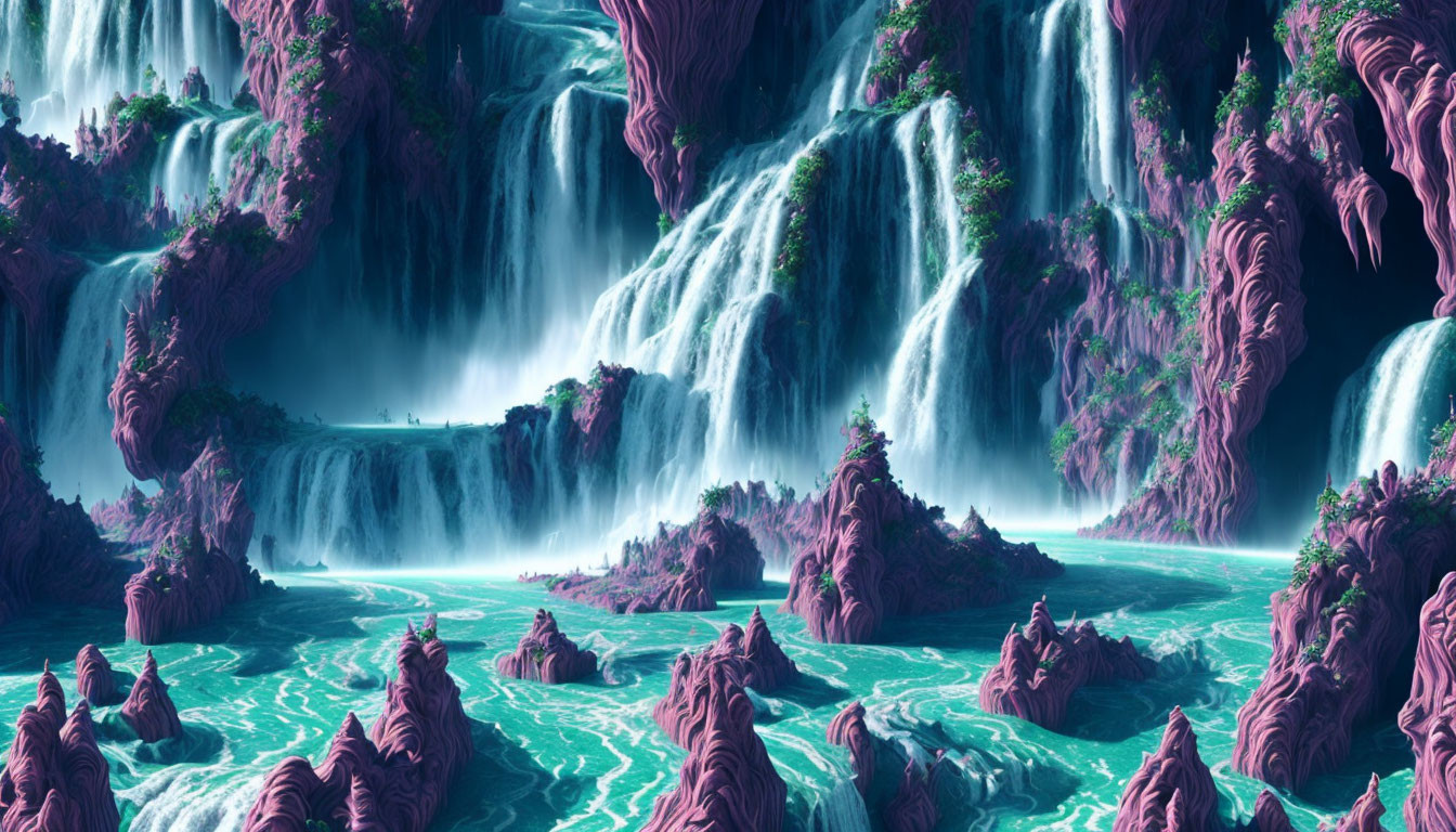 Vibrant teal waterfalls in fantastical landscape