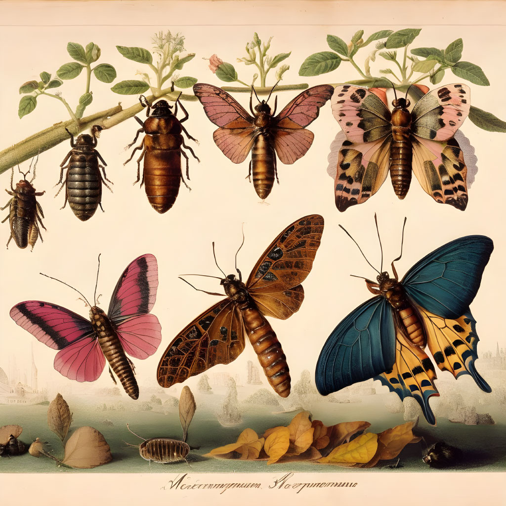 Life Cycle of Moths Depicted with Caterpillars, Pupae, and Adult Moths