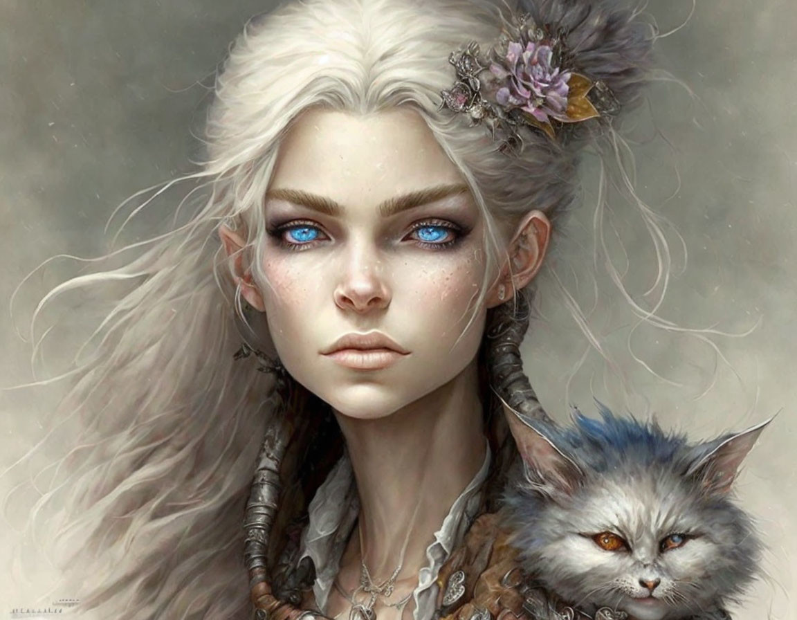 Fantasy portrait: Woman with blue eyes, white hair, braids, and cat on muted background