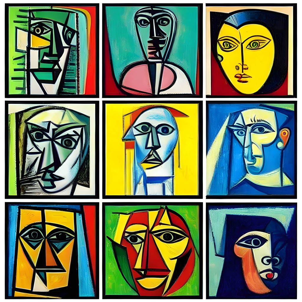 Grid of Nine Abstract, Colorful Portraits with Geometric Faces