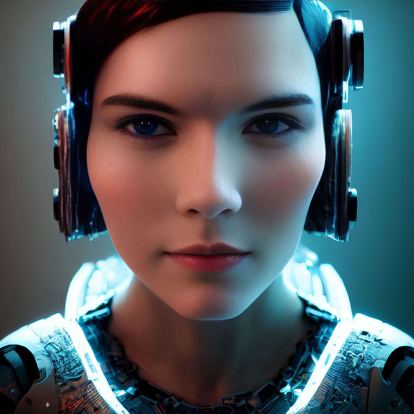 Female-Looking Android with Blue Cybernetic Implants and Headphones