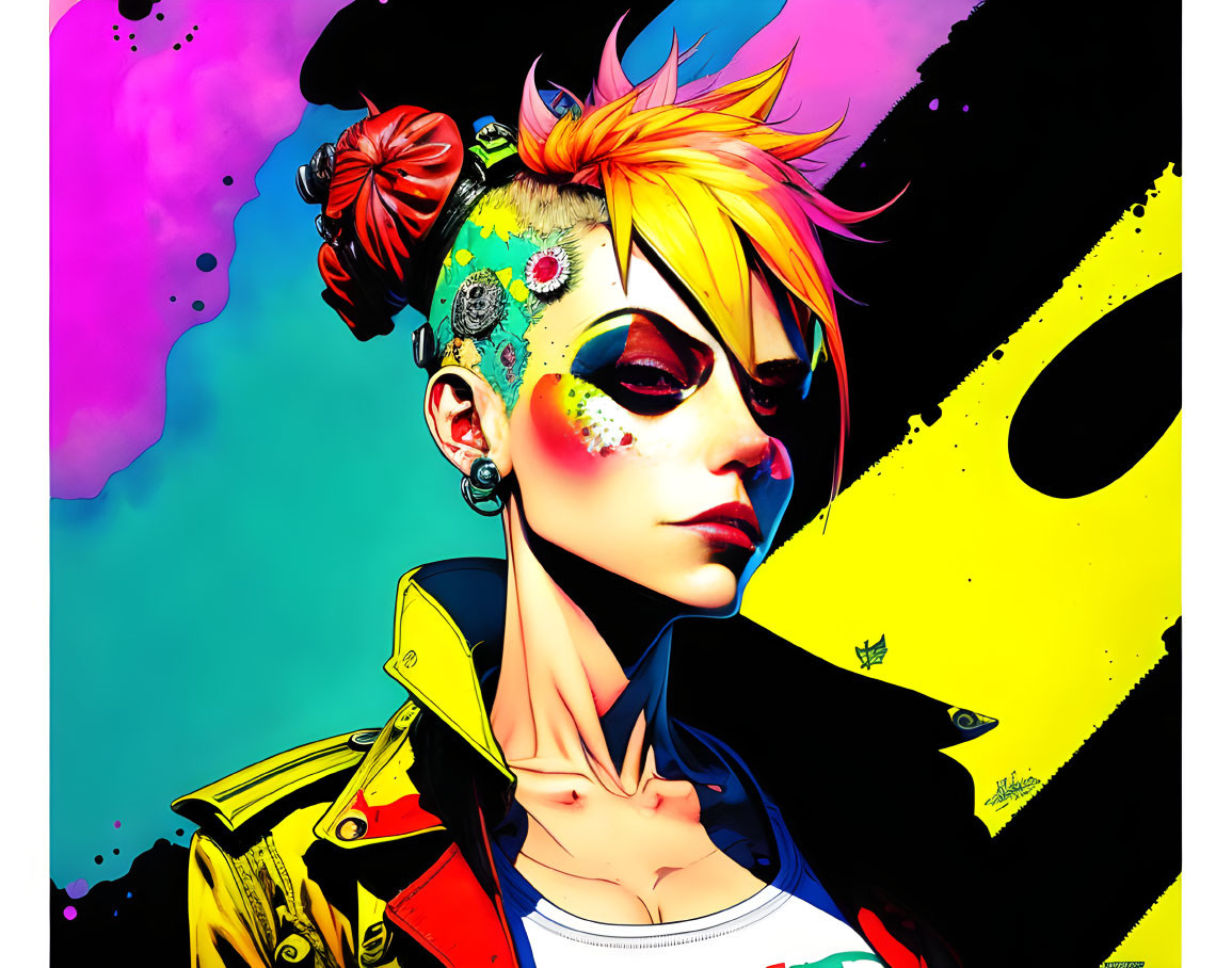 Vibrant punk-style woman illustration on ink splattered background