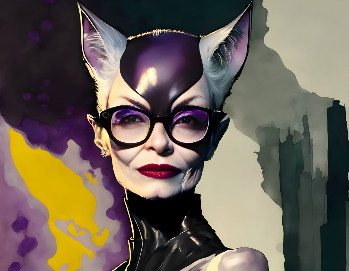 Stylized portrait of a person in Catwoman costume with cat ears, white hair, glasses,