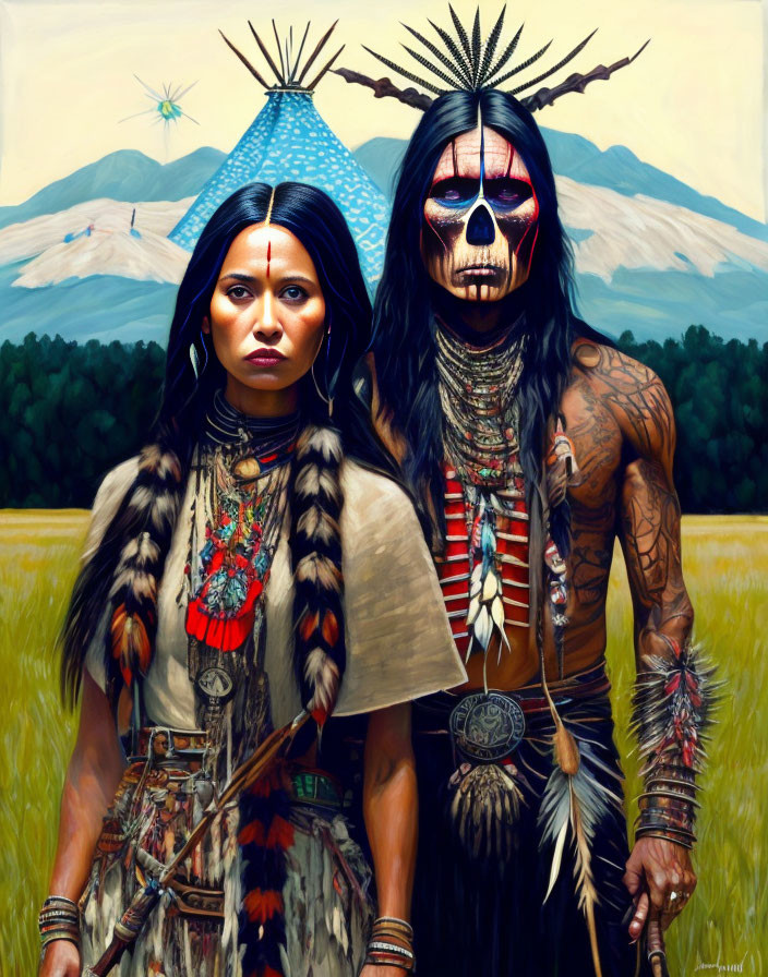 Native American couple in traditional attire with teepee and mountains.