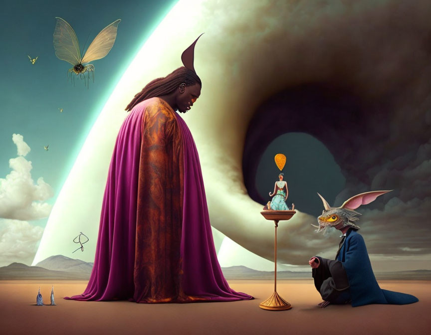 Surreal artwork featuring robed figure, humanoid rabbit, and hourglass scene