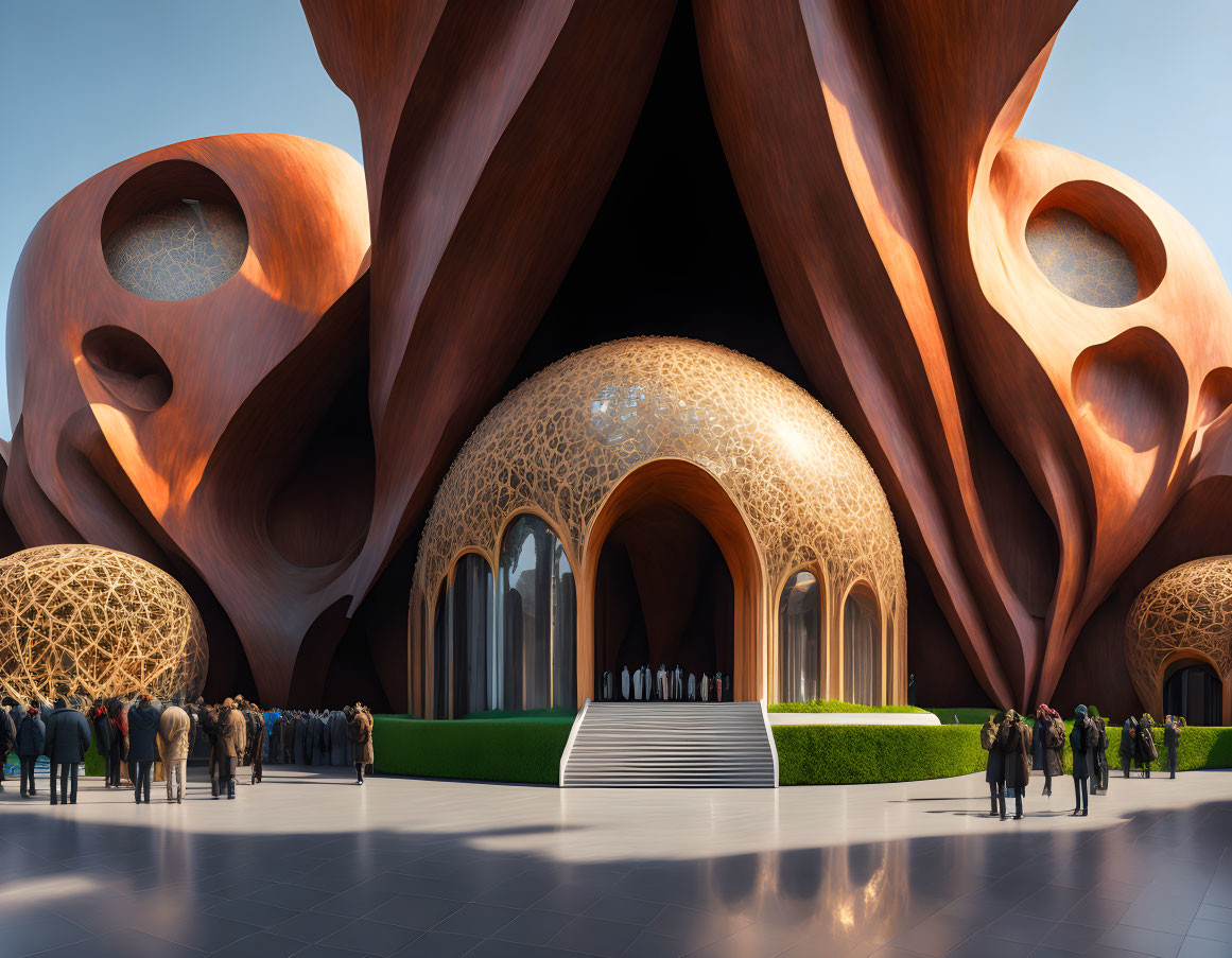 Futuristic building with tree-like structures and lattice detailing surrounded by people.