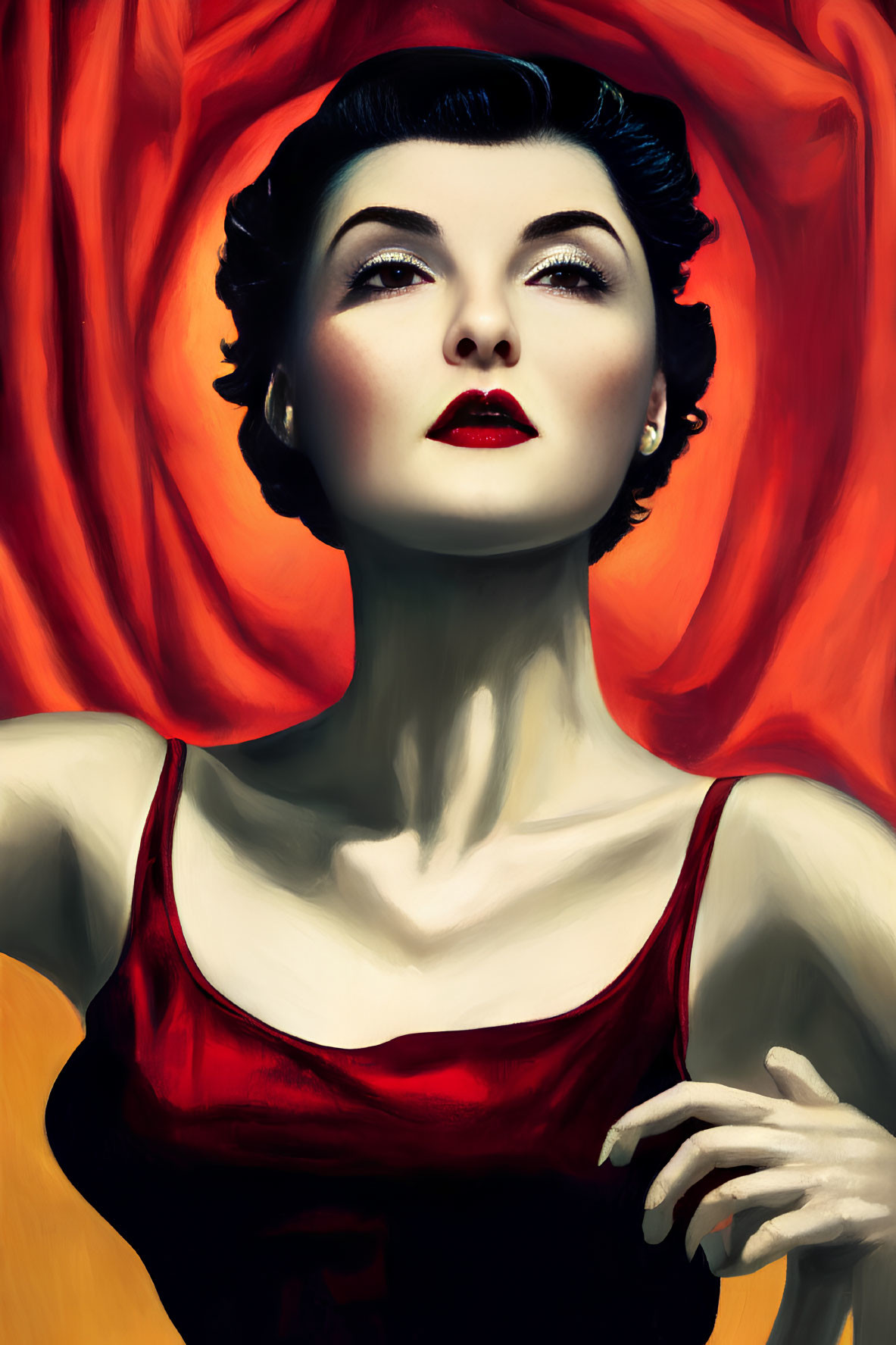 Stylized painting of woman with red hair, porcelain skin, red lips, vintage glam look,