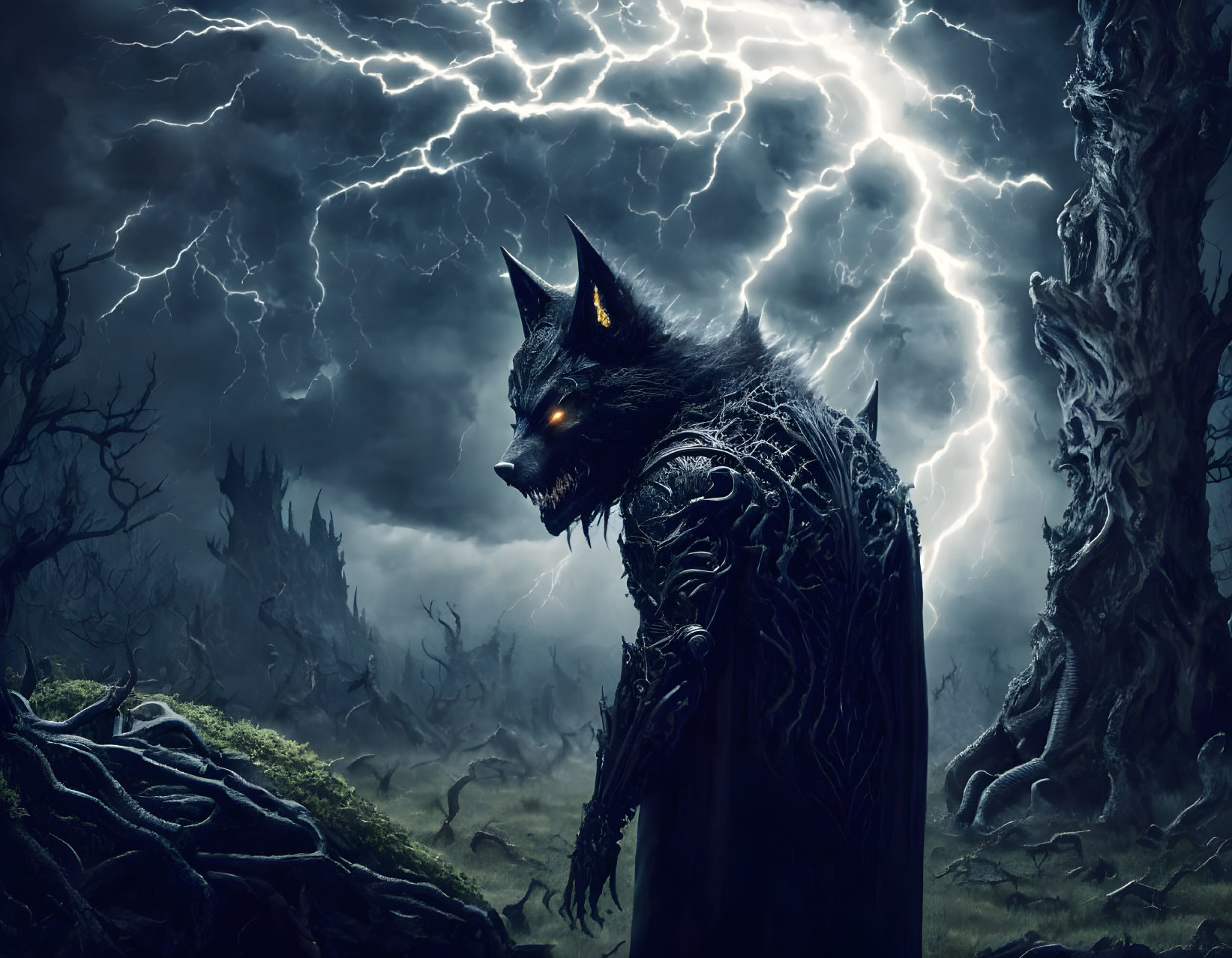 Menacing werewolf in dark forest with lightning storm.