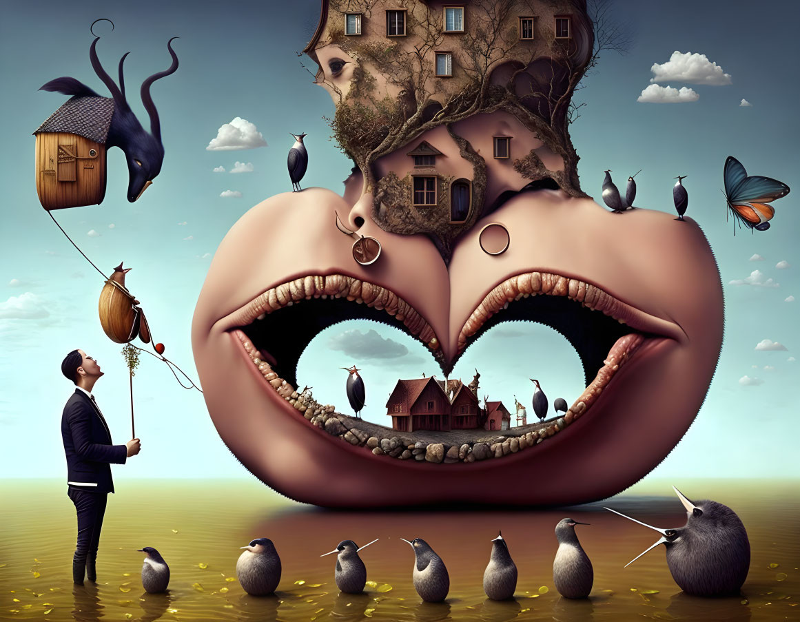 Surreal landscape with giant lips, tiny houses, bird houses, and ducks in hats