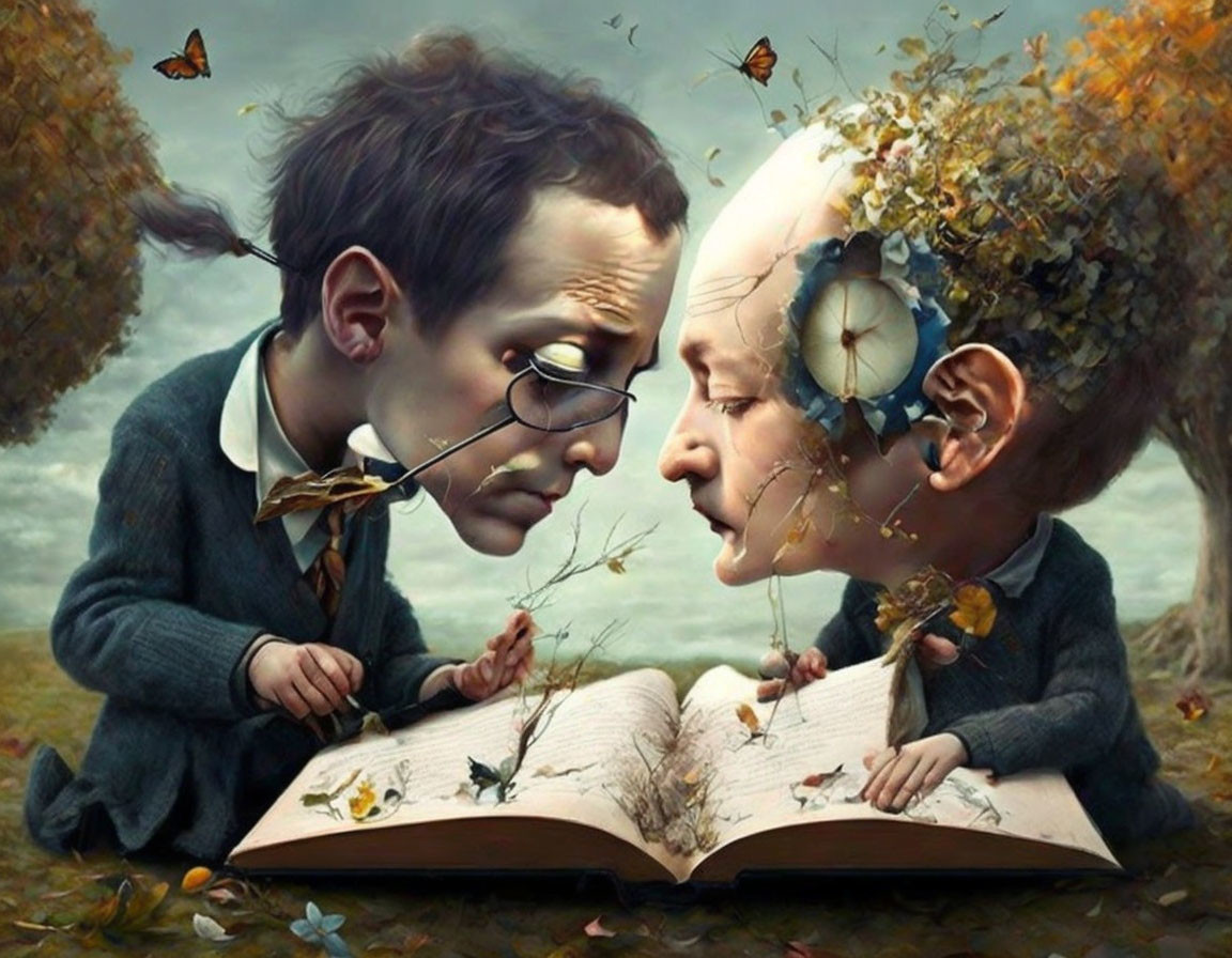 Exaggerated head caricature figures reading book in autumn landscape