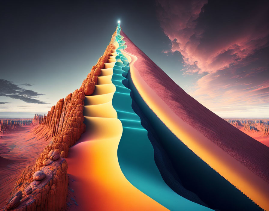 Colorful winding staircase in surreal landscape between cliffs