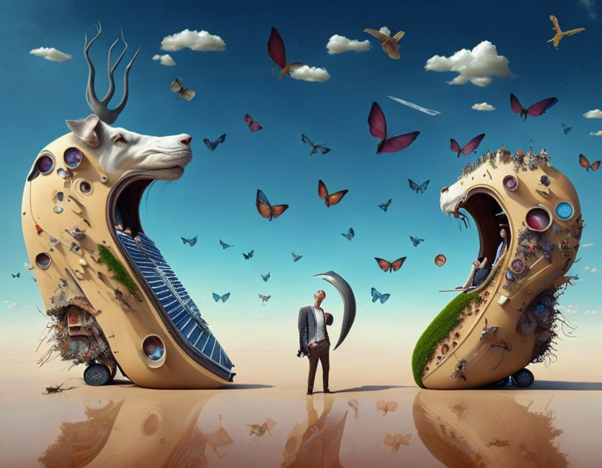 Surreal image: Giant animal-like shoe structures with butterflies under blue sky