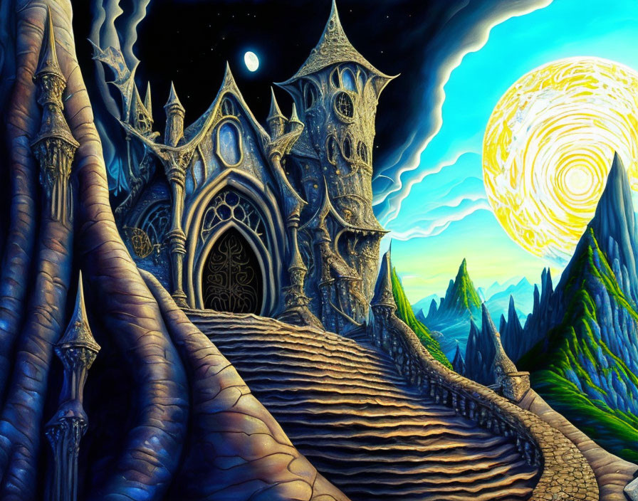 Fantasy landscape with gothic castle, swirling sky, sun, mountainous terrain