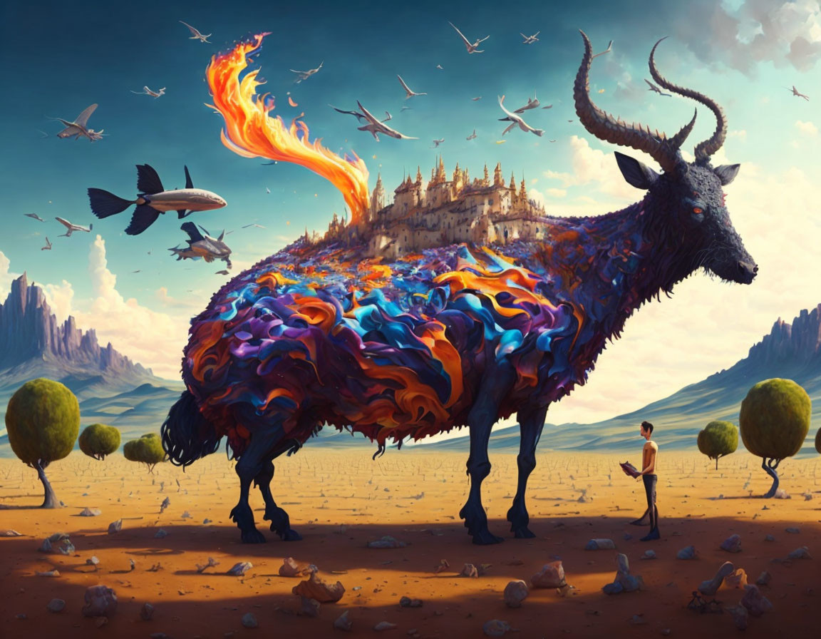 Person encountering colorful goat with flaming tail in fantastical landscape