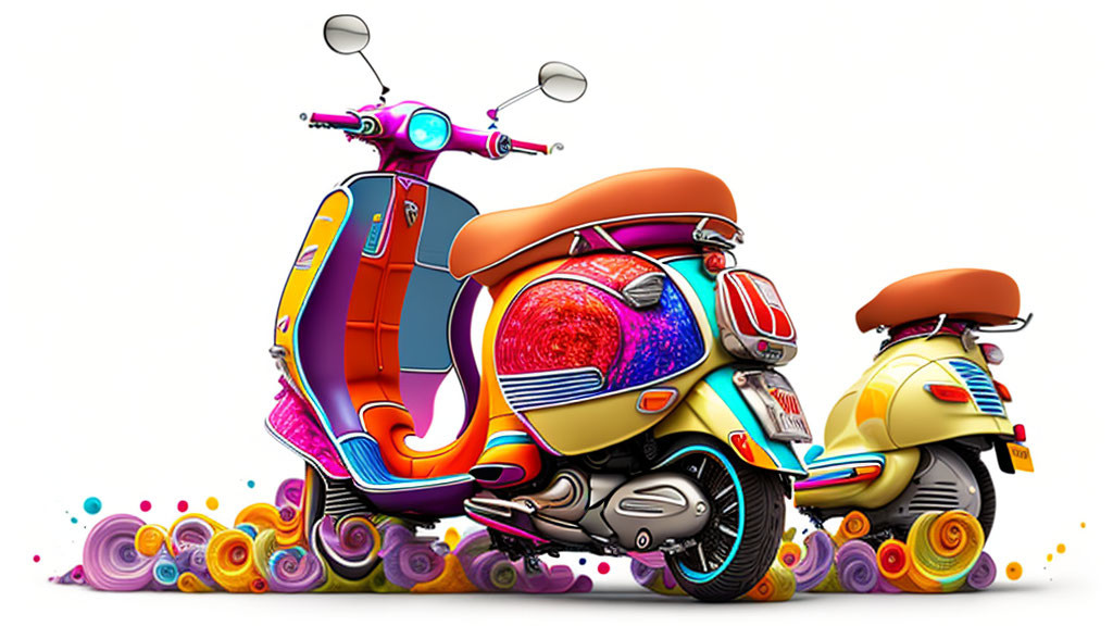 Colorful Psychedelic Scooters on Swirls and Floral Background