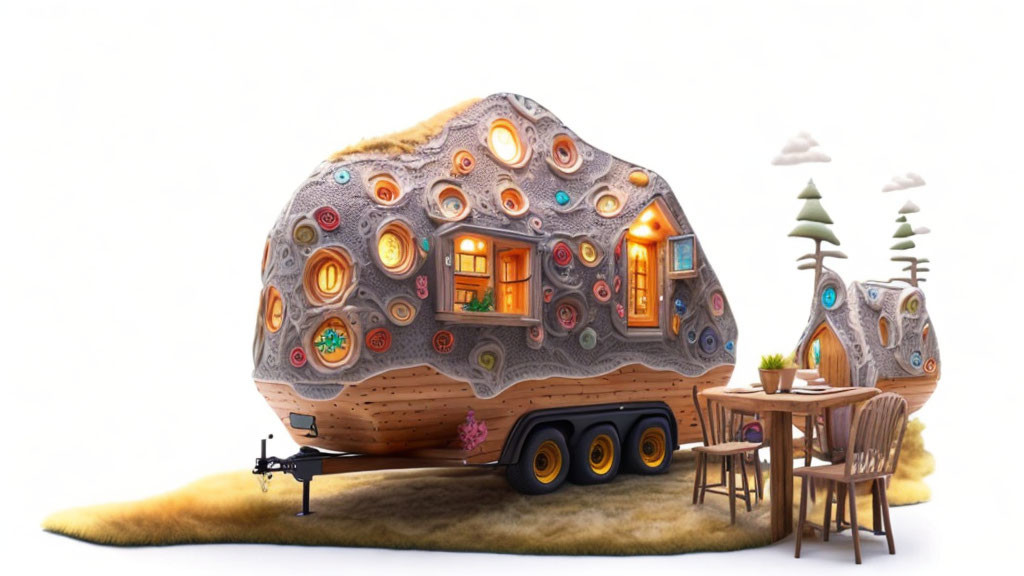 Colorful Caravan with Circular Windows and Wood-Finished Facade in Serene Setting