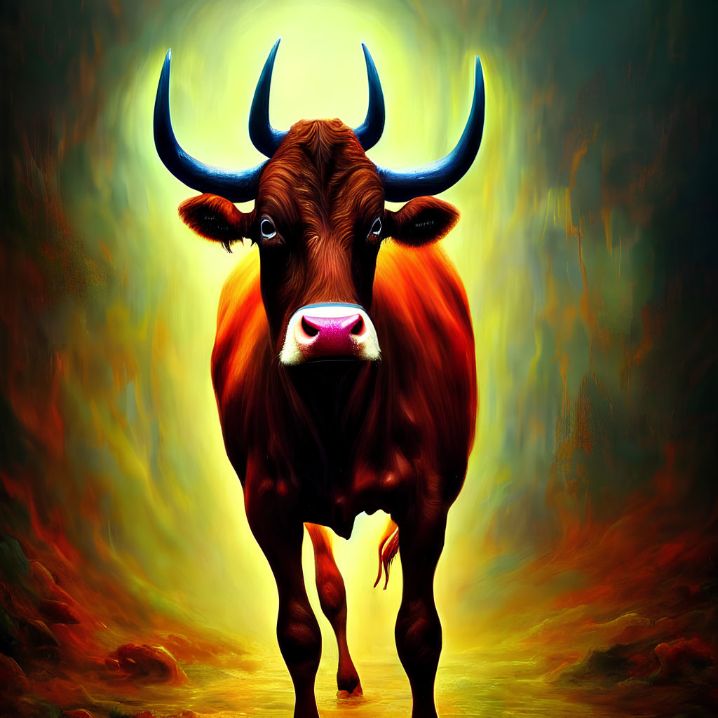 Colorful Digital Artwork: Brown Bull with Blue Horns on Fiery Background