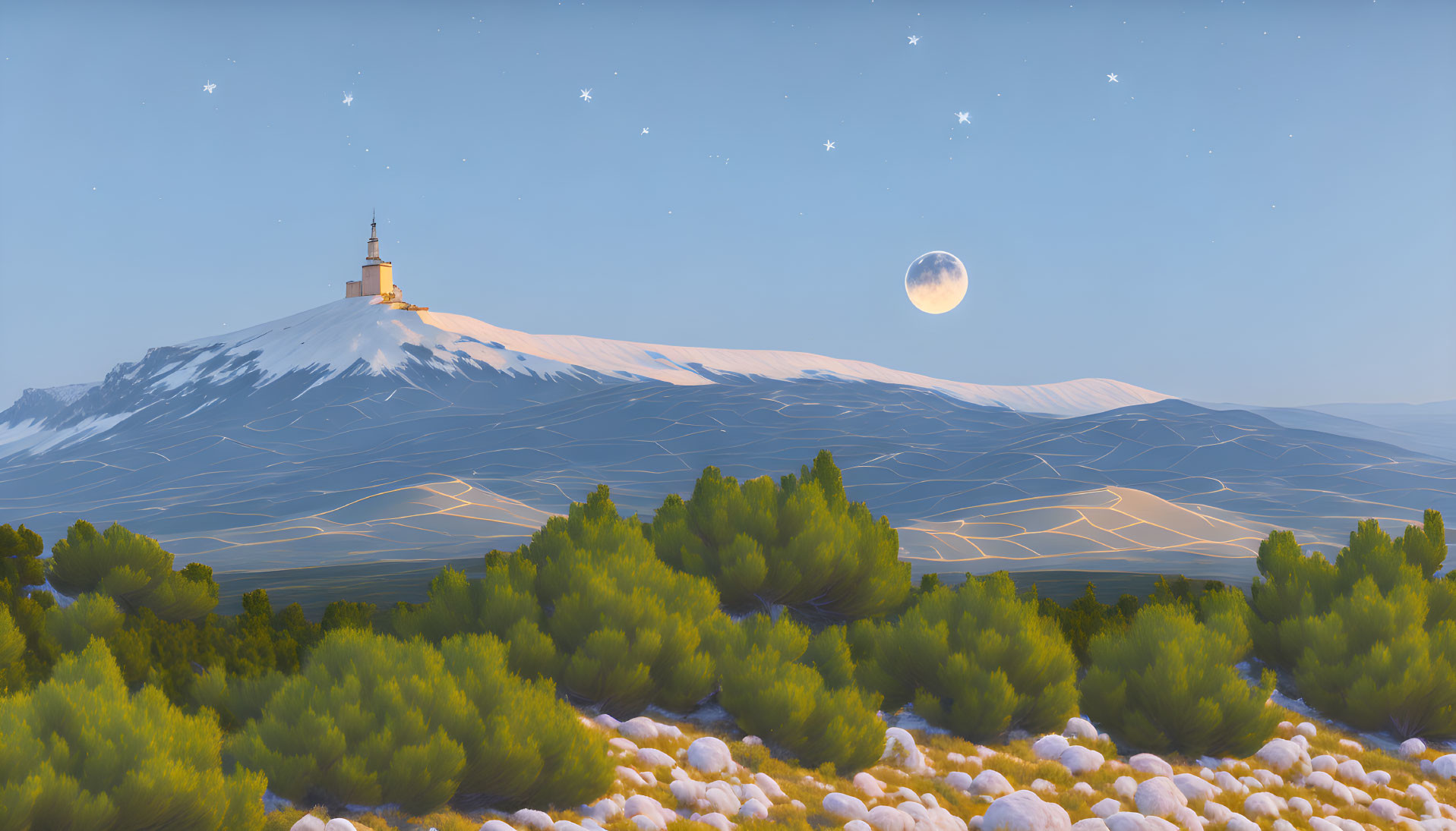 Snow-capped mountain landscape at dusk with full moon and starry sky