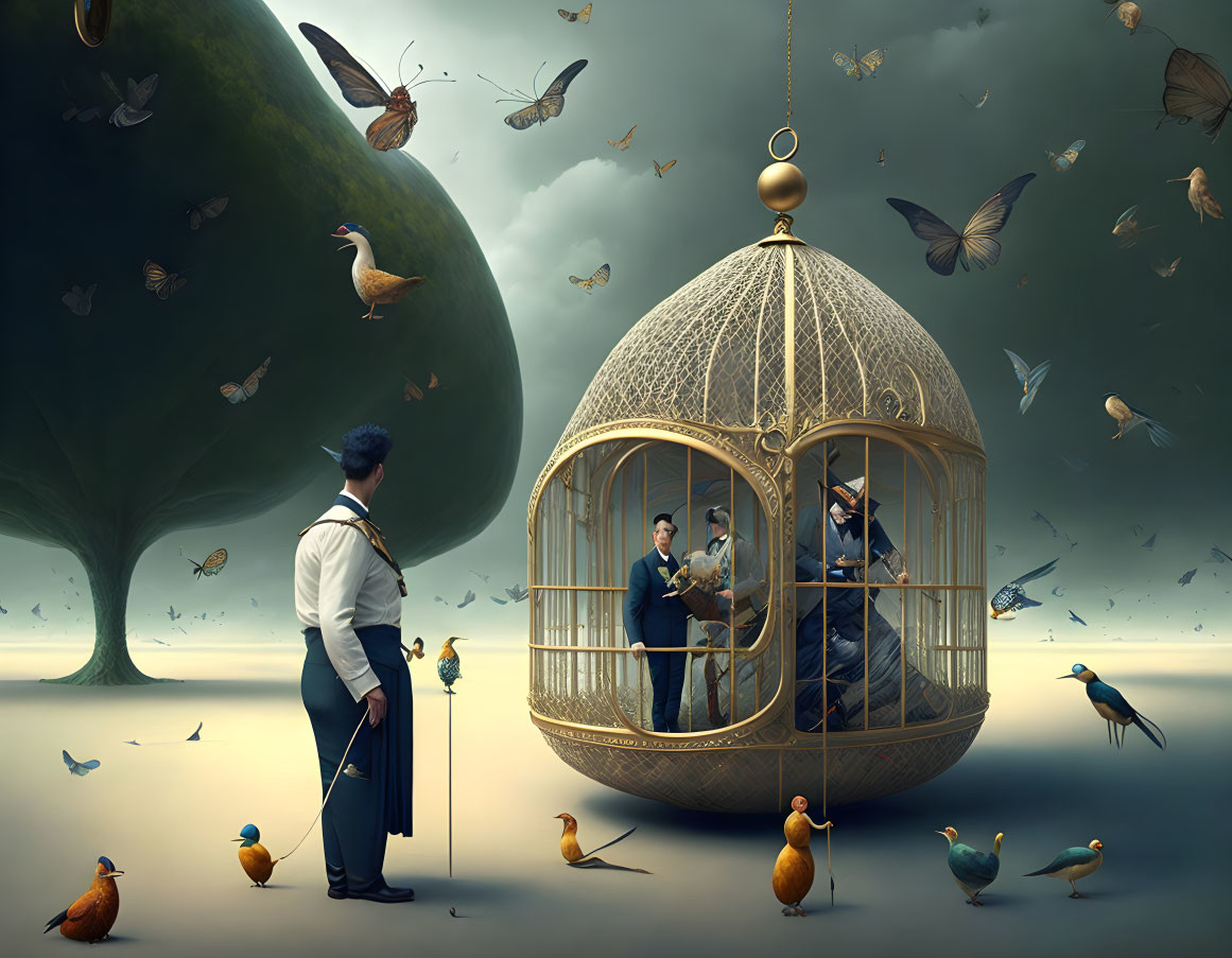 Surreal artwork: Man, birdcage, key, birds, oversized pears