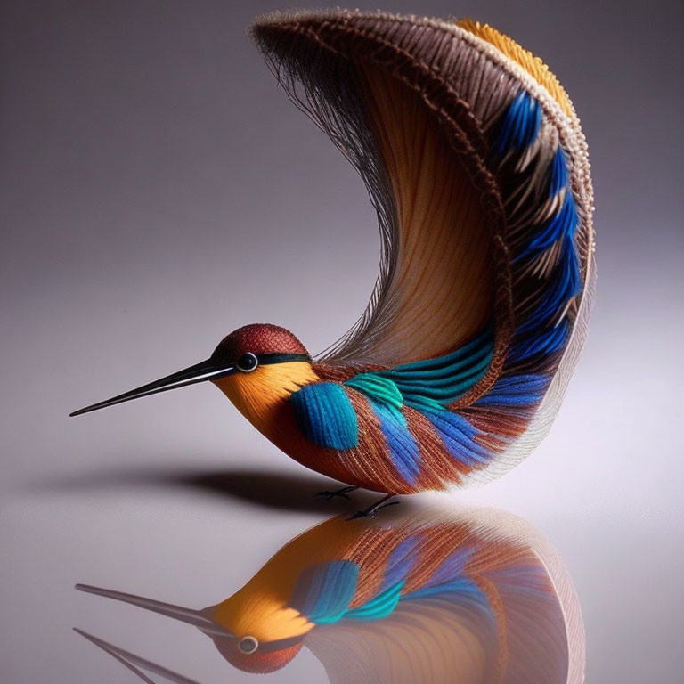 Colorful Bird Sculpture with Intricate Feather Details and Reflective Surface