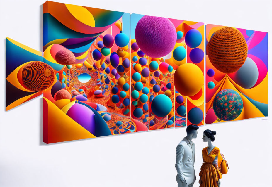 Colorful Abstract Spheres Installation with Silhouetted Couple