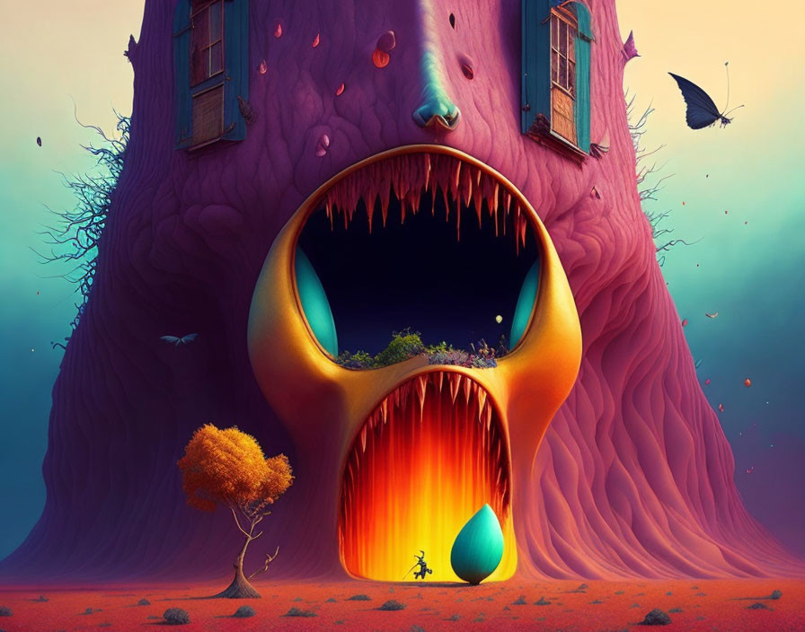 Surreal illustration of house with gaping mouth, tree, figure, butterfly in orange-purple sky