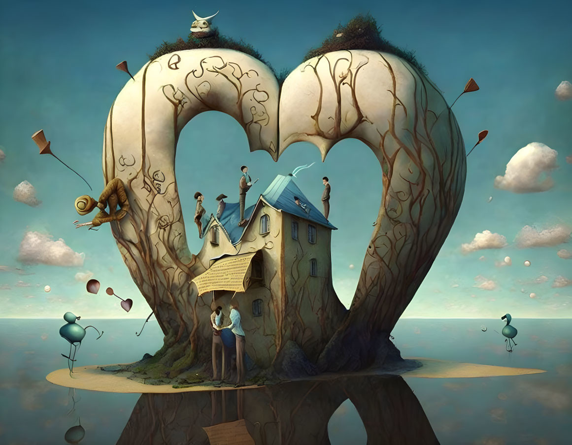 Surreal heart-shaped tree artwork with whimsical characters and elements