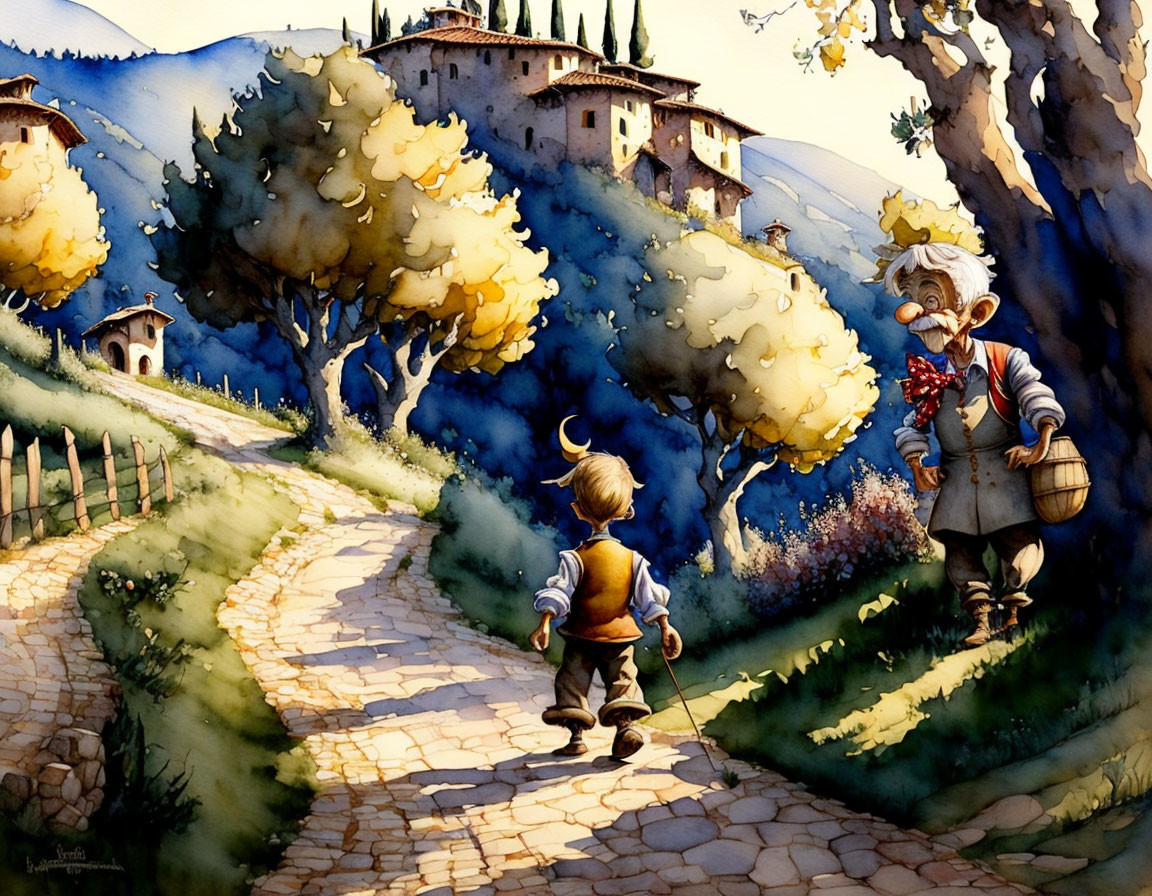 Illustration of young boy and older man on winding path in sunny landscape