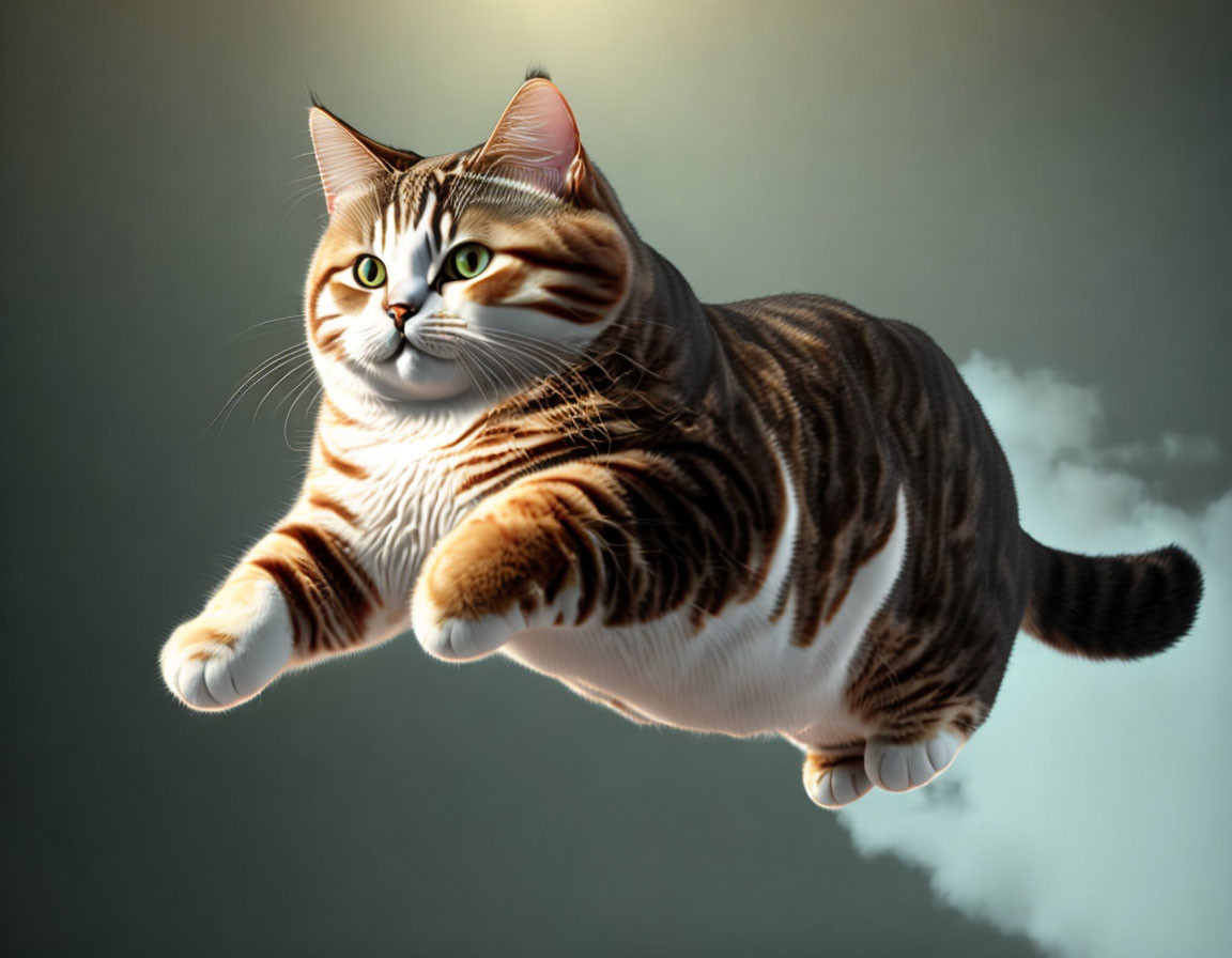 Digitally altered tabby cat mid-jump on grey background with cloud puff.