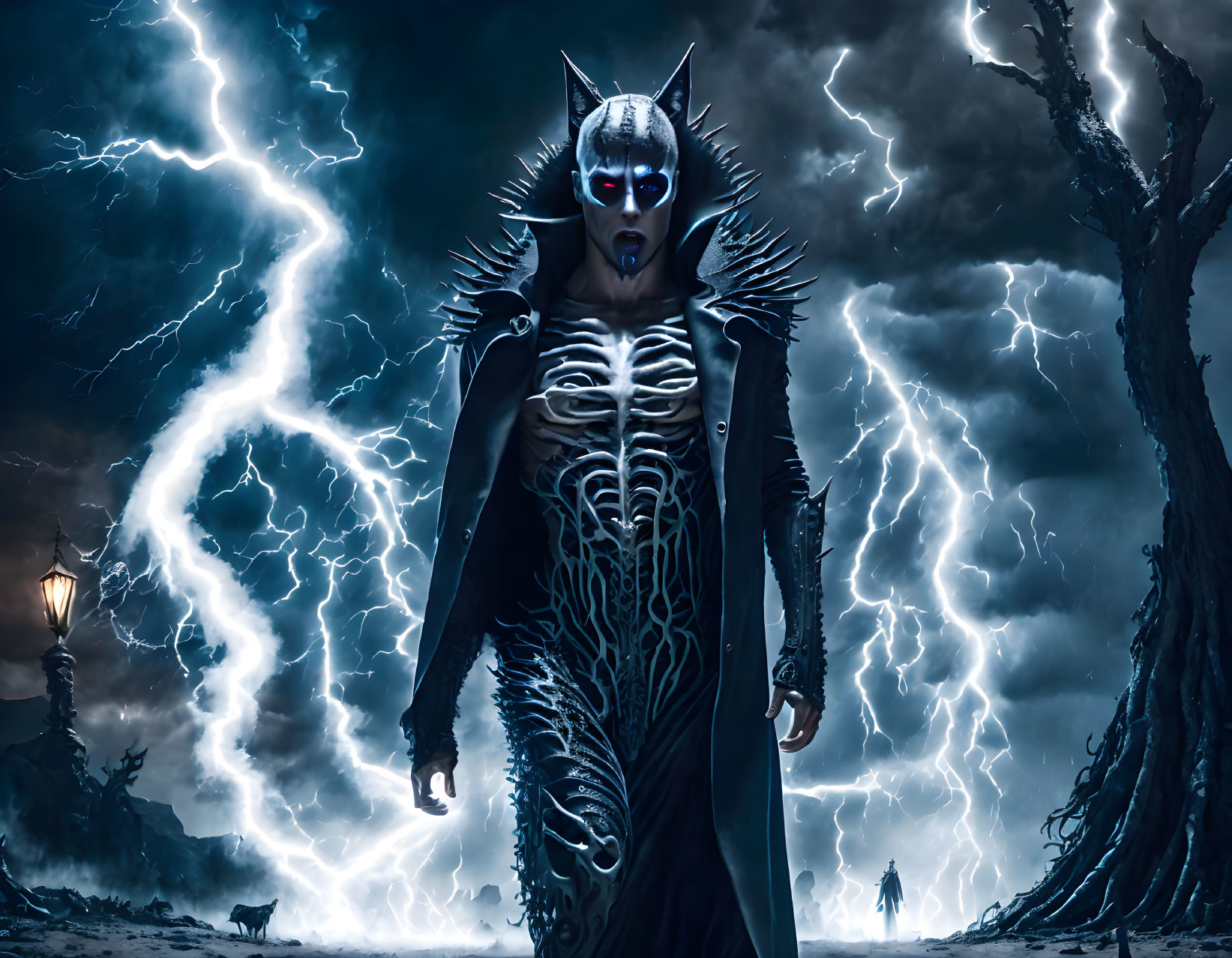 Gothic fantasy scene: Female figure in dark armor, red eyes, stormy landscape