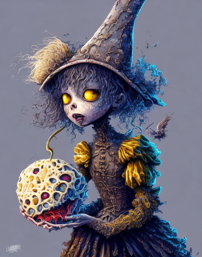 Illustrated character with yellow eyes, skull, witch's hat, ruffled dress, blueish hair