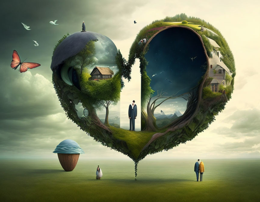 Surreal heart-shaped landscape with birds, house, trees, and figures