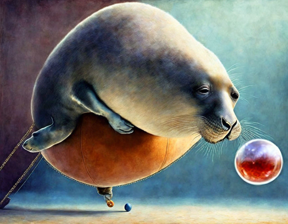 Surreal illustration of seal on ball with suspended smaller ball and chain.