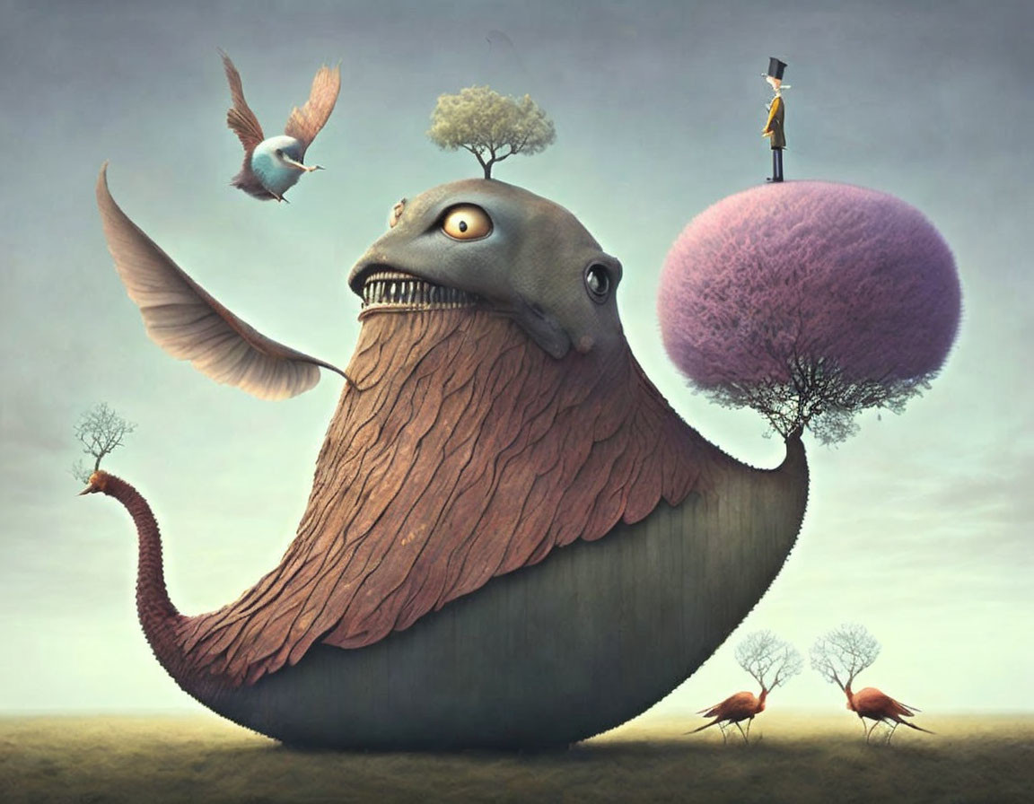 Whimsical painting of massive creature with tree, tiny man, and birds in serene landscape