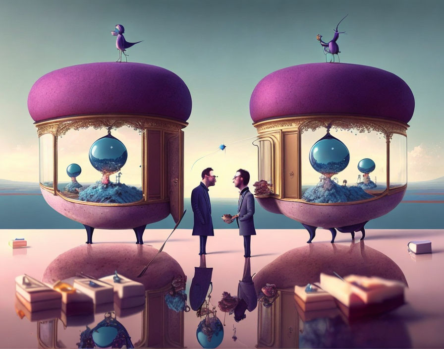 Surreal artwork featuring two men, bird-legged structures, purple tops, birds, and fishbow