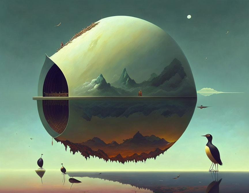 Surrealist landscape with sliced spherical world, mountains, bridge, birds, and inverted realm.