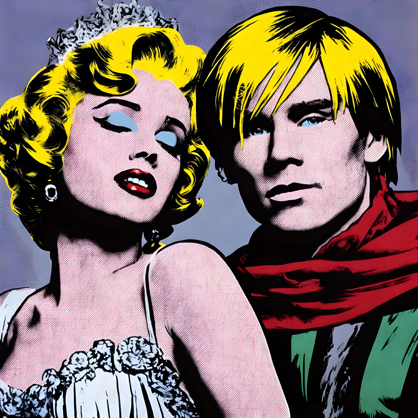 Blonde woman with tiara and man with red scarf in pop art style