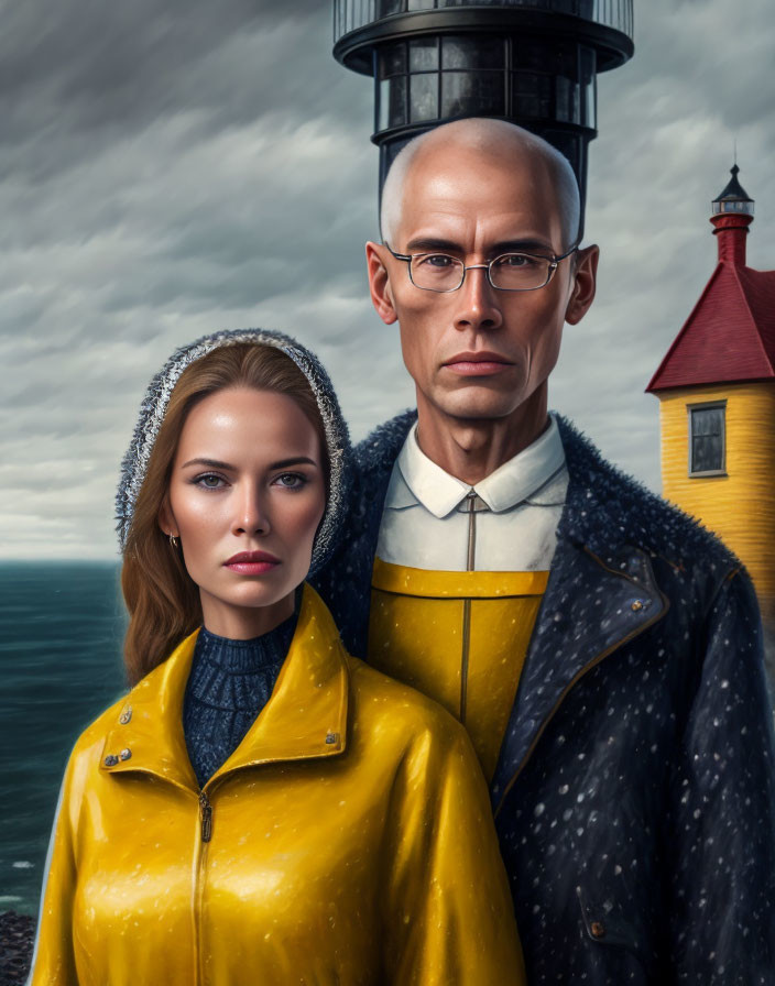 Serious woman and man in yellow raincoats at lighthouse in stormy setting