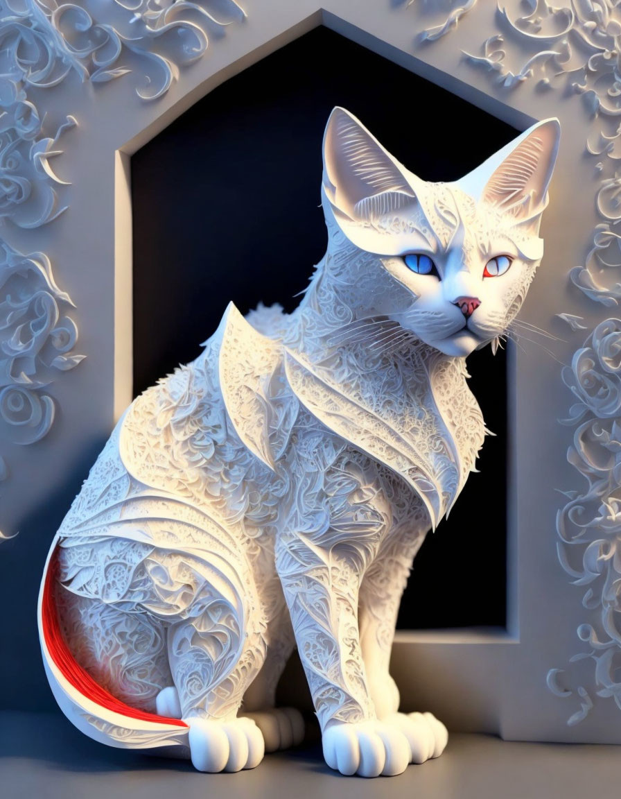 Detailed digital art: White cat with ornate fur patterns, blue eyes, red tail, in front