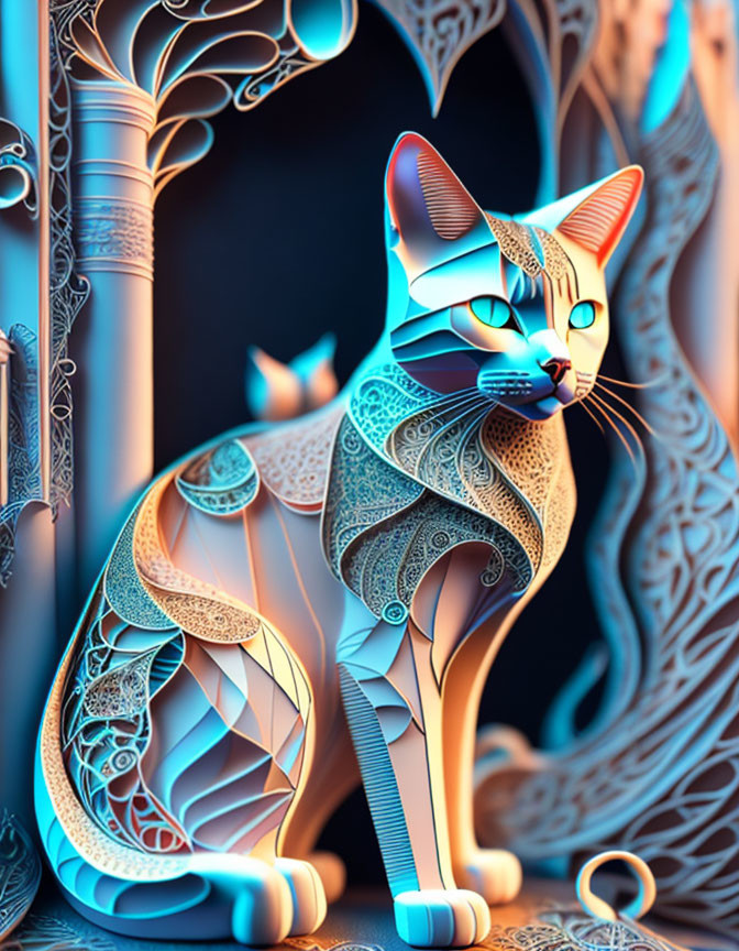 Stylized cat with intricate patterns in blue and orange against ornate backdrop